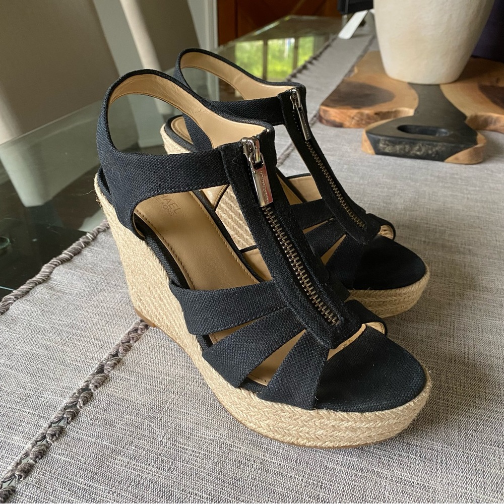 Michael by Michael Kors Black Canvas Berkley Wedge Sandals, Size 7.